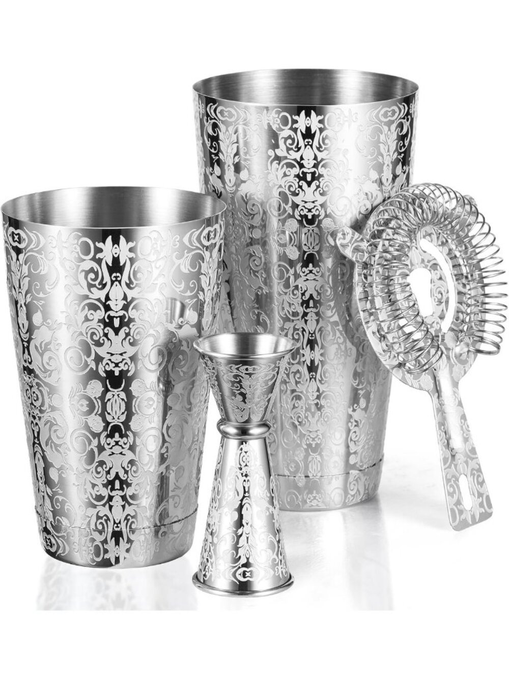 Elegant Etched Boston Cocktail Shaker Set | Baroque Scroll Design | Home Bar